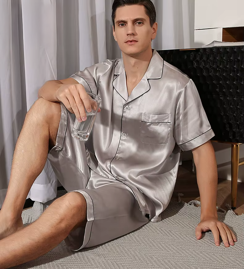 100% Mulberry Silk Men's Pyjamas Sets, Short Sleeved Top and Trousers, Two Pieces Suit, Loungewear, Sleepwear (181)