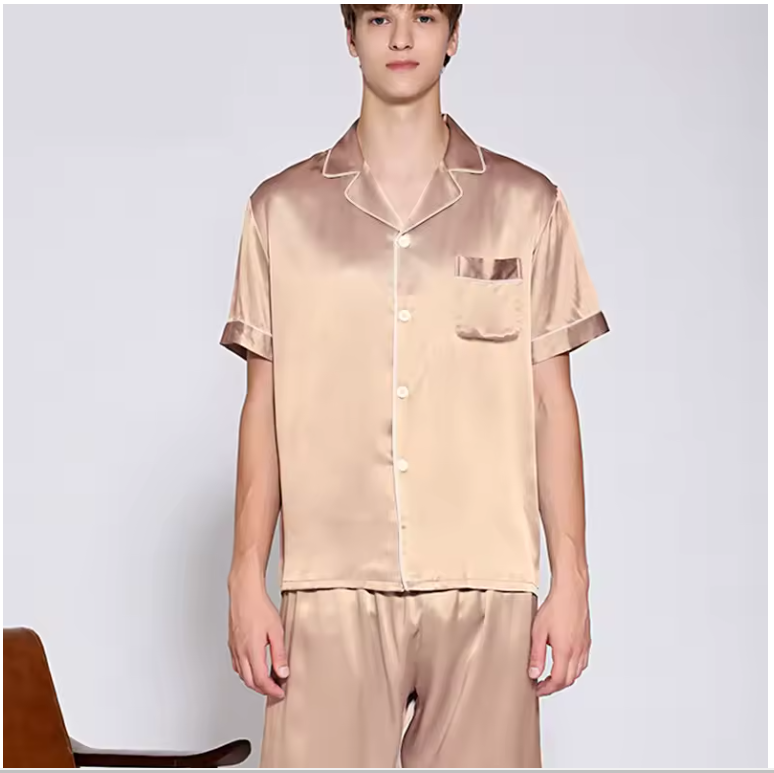 100% Mulberry Silk Men's Pyjamas Sets, Short Sleeved Top and Trousers, Two Pieces Suit, Loungewear, Sleepwear (181)