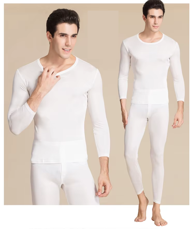 100% Mulberry Silk 230gsm Knitted Jersey Thermal Set for Men, Round Neck Top and Long Johns Set, Underwear, Loungewear (252b)