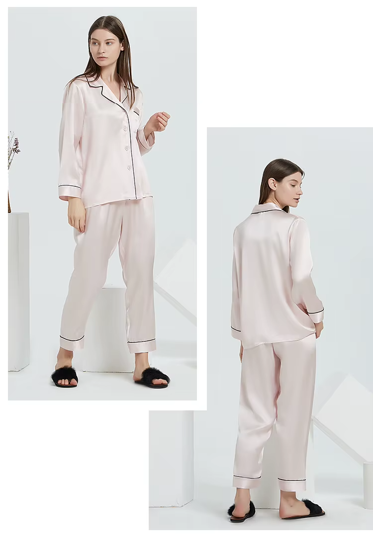 100% Mulberry Silk 19momme Women's Pajamas Suit, Two Pieces Set, Nightwear, Sleepwear (77a)