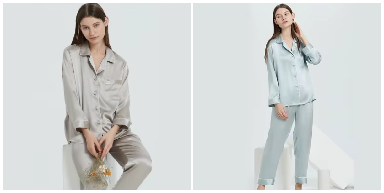100% Mulberry Silk 19momme Women's Pajamas Suit, Two Pieces Set, Nightwear, Sleepwear (77a)
