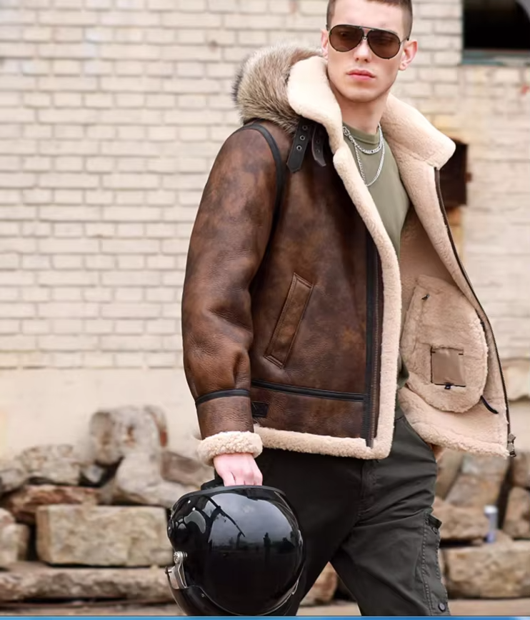 100% Genuine Leather Sheepskin Shearling Men's Coat, Motorcyclist Hooded Jacket, Outerwear (131)