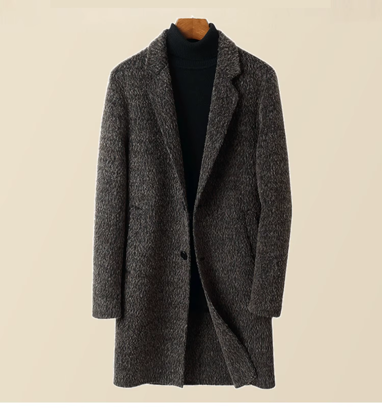 90% Wool 10% Cashmere Wool Men's Coat, Double Sided and Single Breasted Buttoned Long Trench Coat, Outerwear (144)