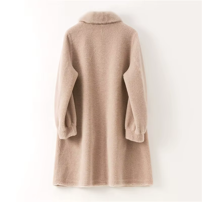 100% Sheepskin Fur Women's Coat, Mink Fur Collar Parka, Trench Coat, Outerwear (145)
