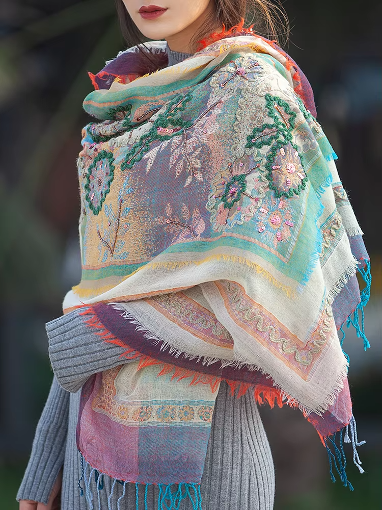 100% Merino Wool Women's Scarf, Made in Nepal, Handmade Embroidery, 200-70cm, Unisex, Shawls and Wraps, Pashmina Wool Scarves, Accessories (141b)