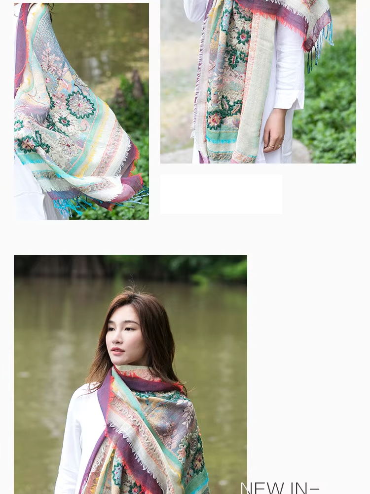 100% Merino Wool Women's Scarf, Made in Nepal, Handmade Embroidery, 200-70cm, Unisex, Shawls and Wraps, Pashmina Wool Scarves, Accessories (141b)