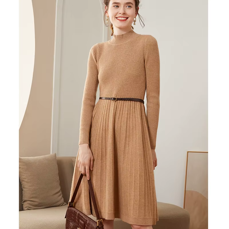 100% Cashmere Wool Rib Knit Dress with Mock Neck, Slim Fit, Pleated Casual Dress (92)