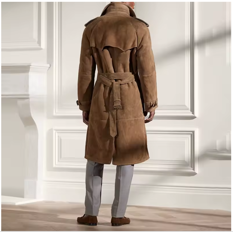 100% Genuine Sheepskin Wool Shearling Men's Trench Coat, Double Breasted, Outerwear (160)
