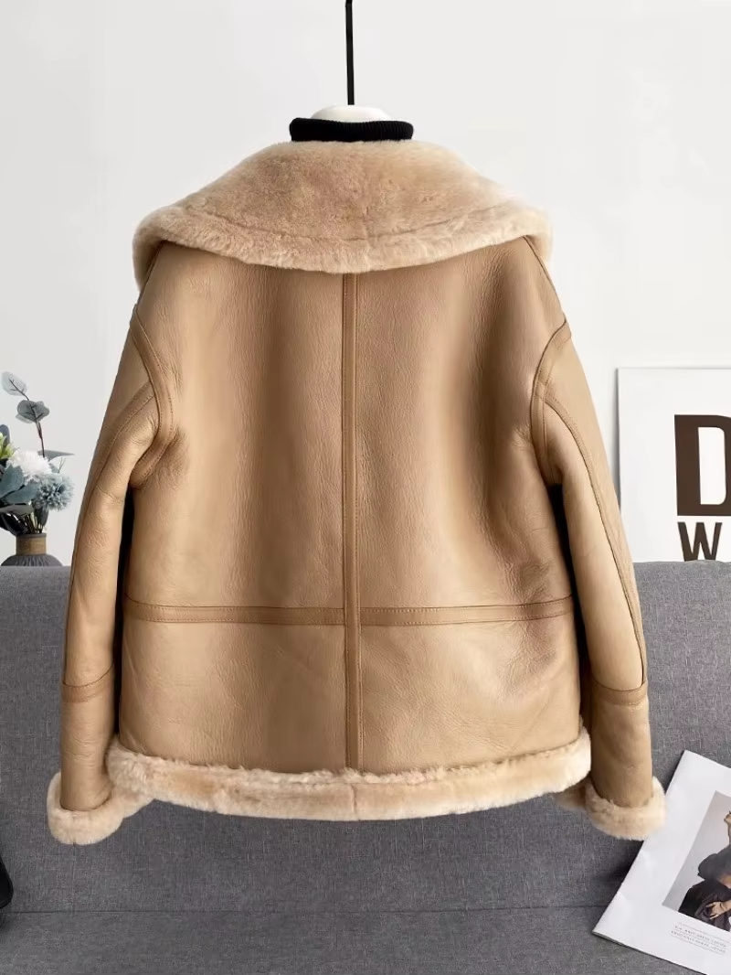 100% Sheepskin Shearling and Genuine Leather Women's Jacket, with Square Collar, Zipper, Short Overcoat, Outerwear (190)