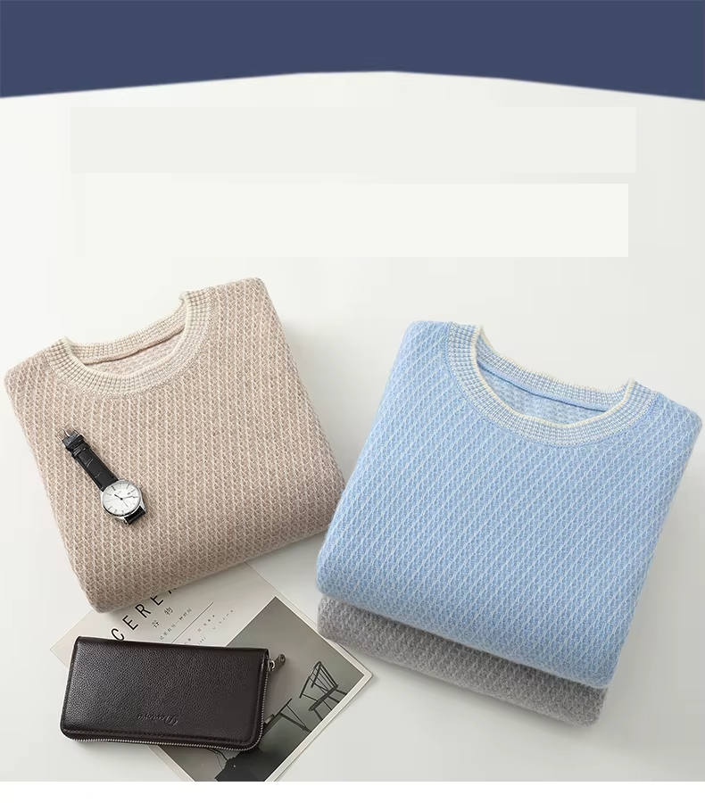 100% Wool Men's Casual Sweater, Round Neck and Long-Sleeved Pullover (205)