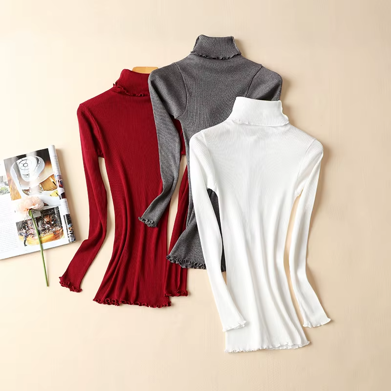80% Mulberry Silk 20% Cotton Blend Rib Knit Top/Turtleneck Pullover, Thermals for Ladies (230a)