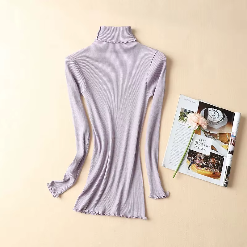 80% Mulberry Silk 20% Cotton Blend Rib Knit Top/Turtleneck Pullover, Thermals for Ladies (230a)