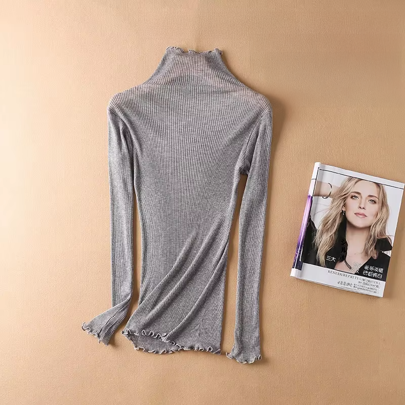 80% Mulberry Silk 20% Cotton Blend Rib Knit Top/Turtleneck Pullover, Thermals for Ladies (230a)