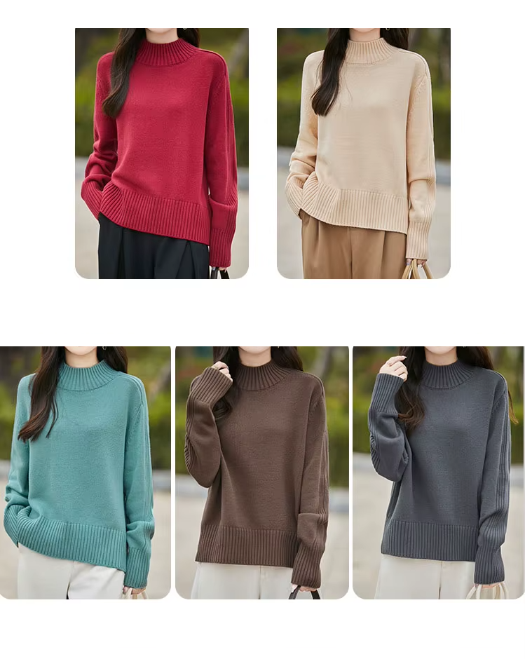 100% Cotton Women's Casual Pullover, Half Height Neck Sweater, Basic Tops, Knitwear (212)