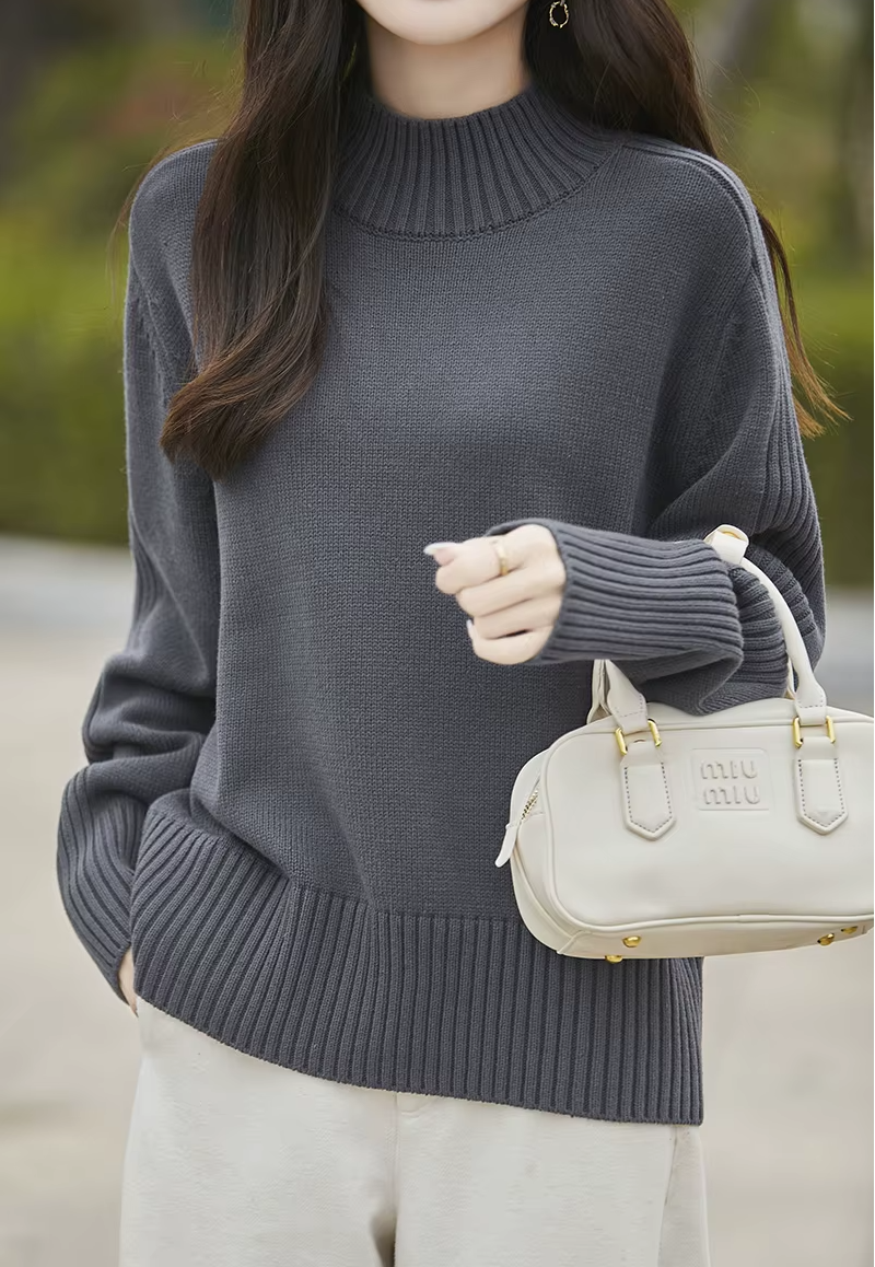 100% Cotton Women's Casual Pullover, Half Height Neck Sweater, Basic Tops, Knitwear (212)