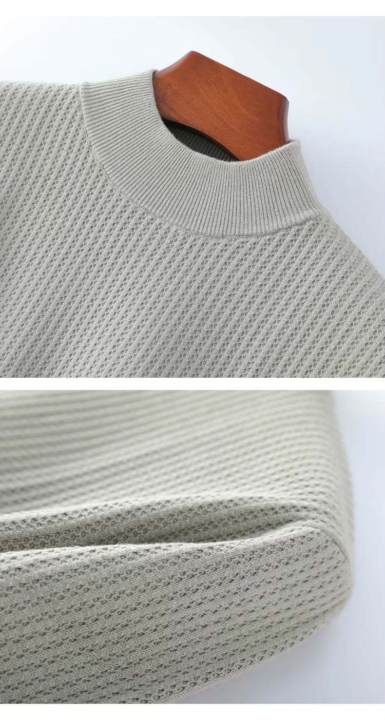 100% Cotton Men's Honeycomb Knit Sweater, Half High Collar Pullover, Casual Long Sleeved Top, Knitwear (221)