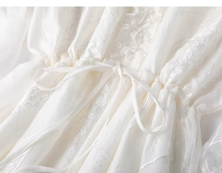 100% Mulberry Silk White Embroidery Women's Dress (242)