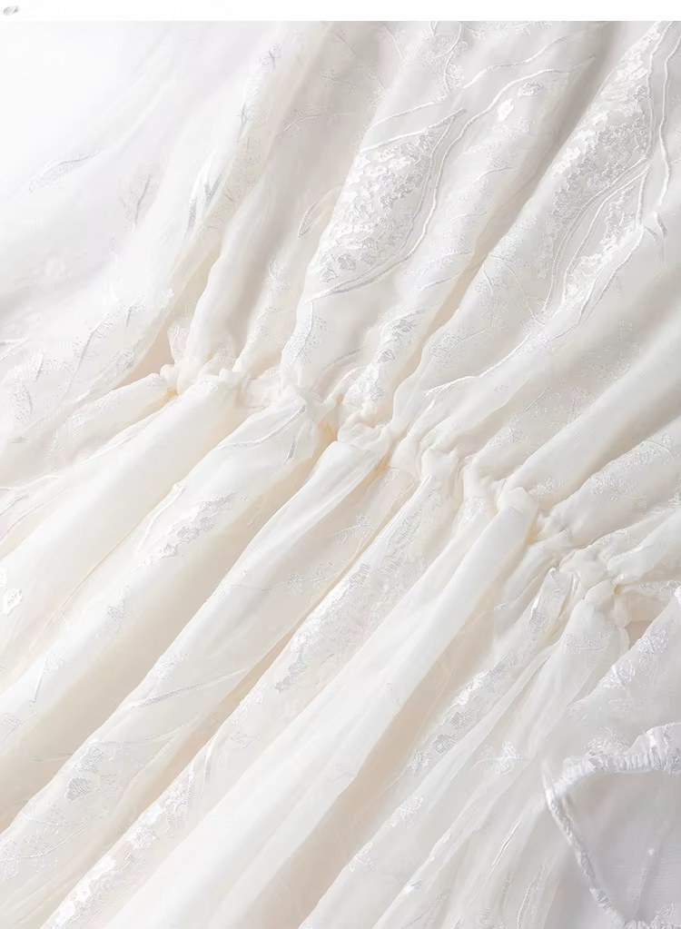 100% Mulberry Silk White Embroidery Women's Dress (242)