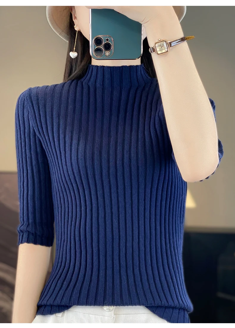 100% Cotton Women's Slim Fit Basic Top, Short Sleeves, Half High Neck, Rib Knit Sweater, Knitwear (48)
