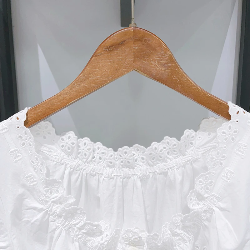 100% Cotton White Lace Embroidery Short Shirt with Ruffles, Lace-Up Short Sleeved Blouse, Summer Top (45a)