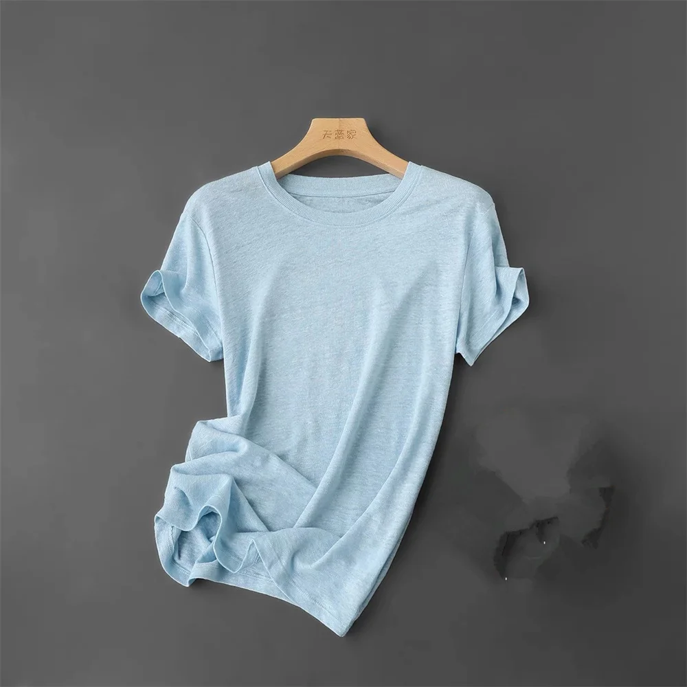100% Linen Fine Knit Women's T-Shirt, Short Sleeve and Round Neck Knitted Tee (45c)