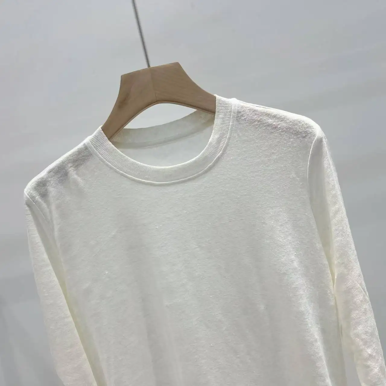 100% Linen Casual T-shirt, Women's Long Sleeves Round Neck T-Shirts (45e)