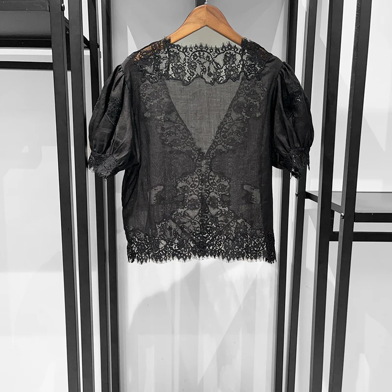 100% Ramie White Lace Embroidery Short Shirt, Lace-Up Short Sleeved Blouse, Summer Top (45b)