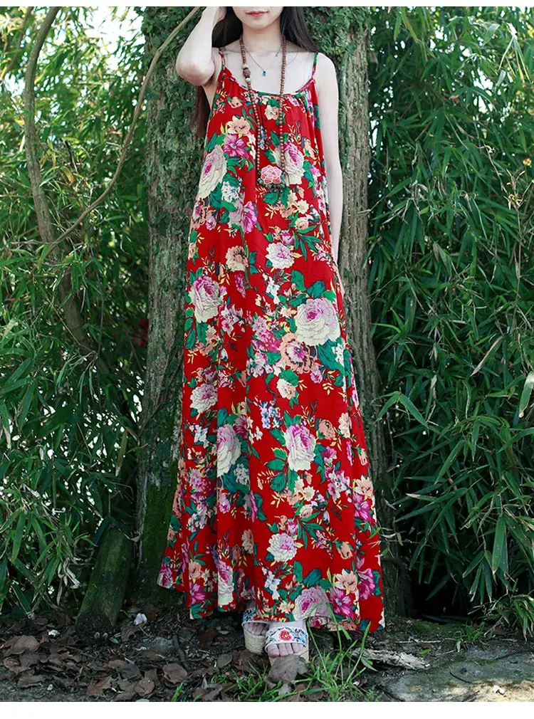 85% Cotton 15% Linen Sleeveless Maxi Dress for Women, Cotton Linen Floral Print Sundress, Long Tunic, Floral Beach Dresses, Original (38)