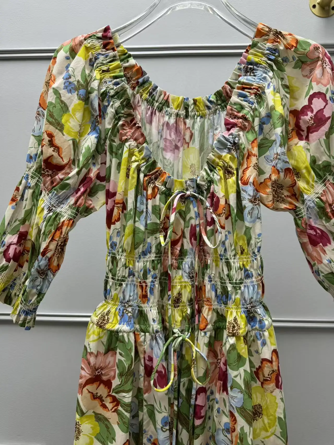 100% Cotton Floral Print A-Line Women's Shirred Bodice Long Dress, Vintage Style (42)