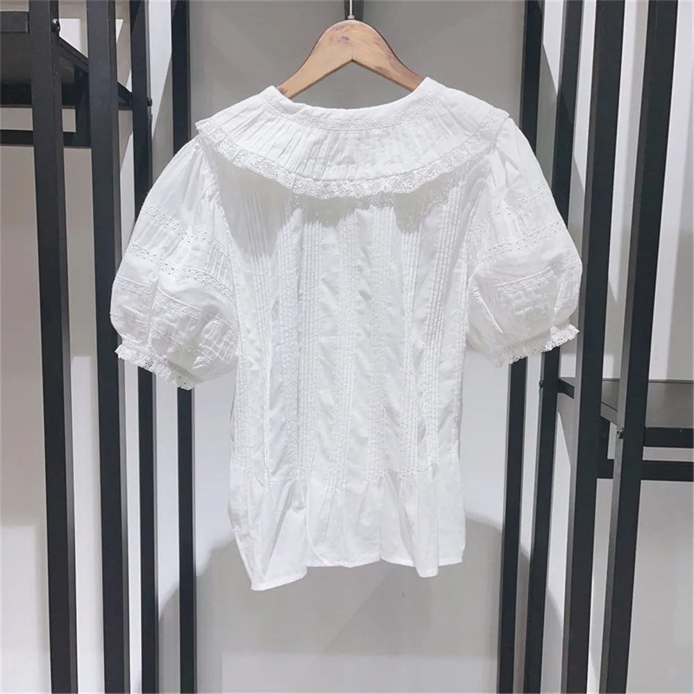 100% Cotton White Lace Women's Blouse, Peter Pan Collar Shirt with Short Puff Sleeve (161)