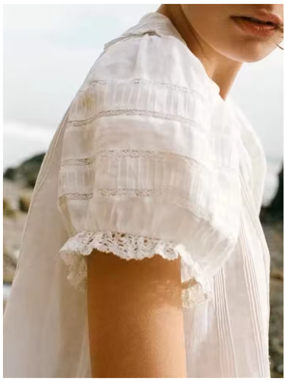 100% Cotton White Lace Women's Blouse, Peter Pan Collar Shirt with Short Puff Sleeve (161)