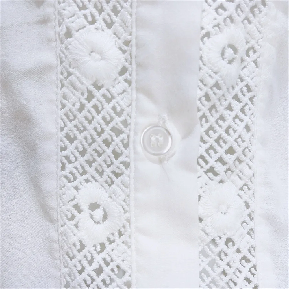 100% Ramie White Lace Women's Blouse, Peter Pan Collar Shirt with Short Puff Sleeve (161a)