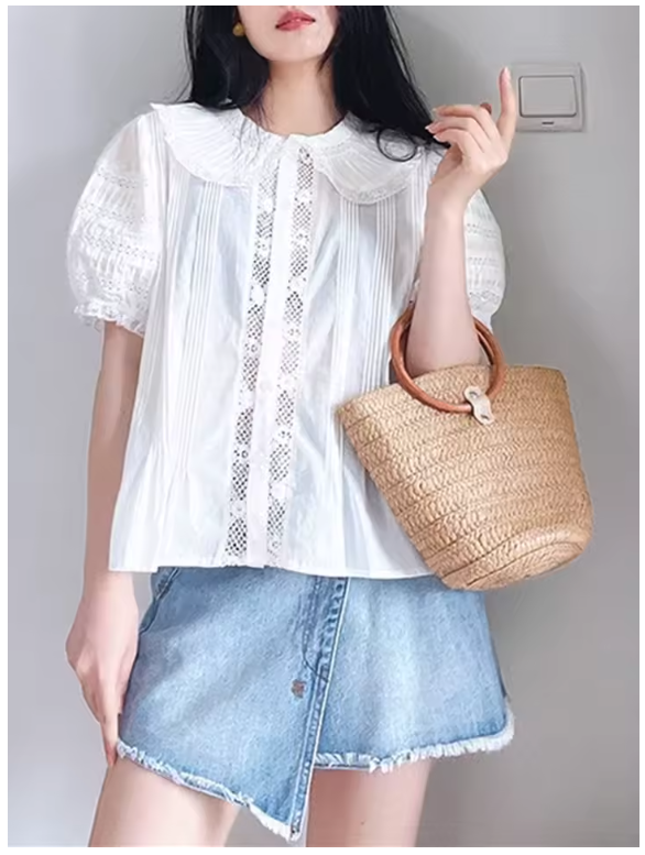 100% Ramie White Lace Women's Blouse, Peter Pan Collar Shirt with Short Puff Sleeve (161a)