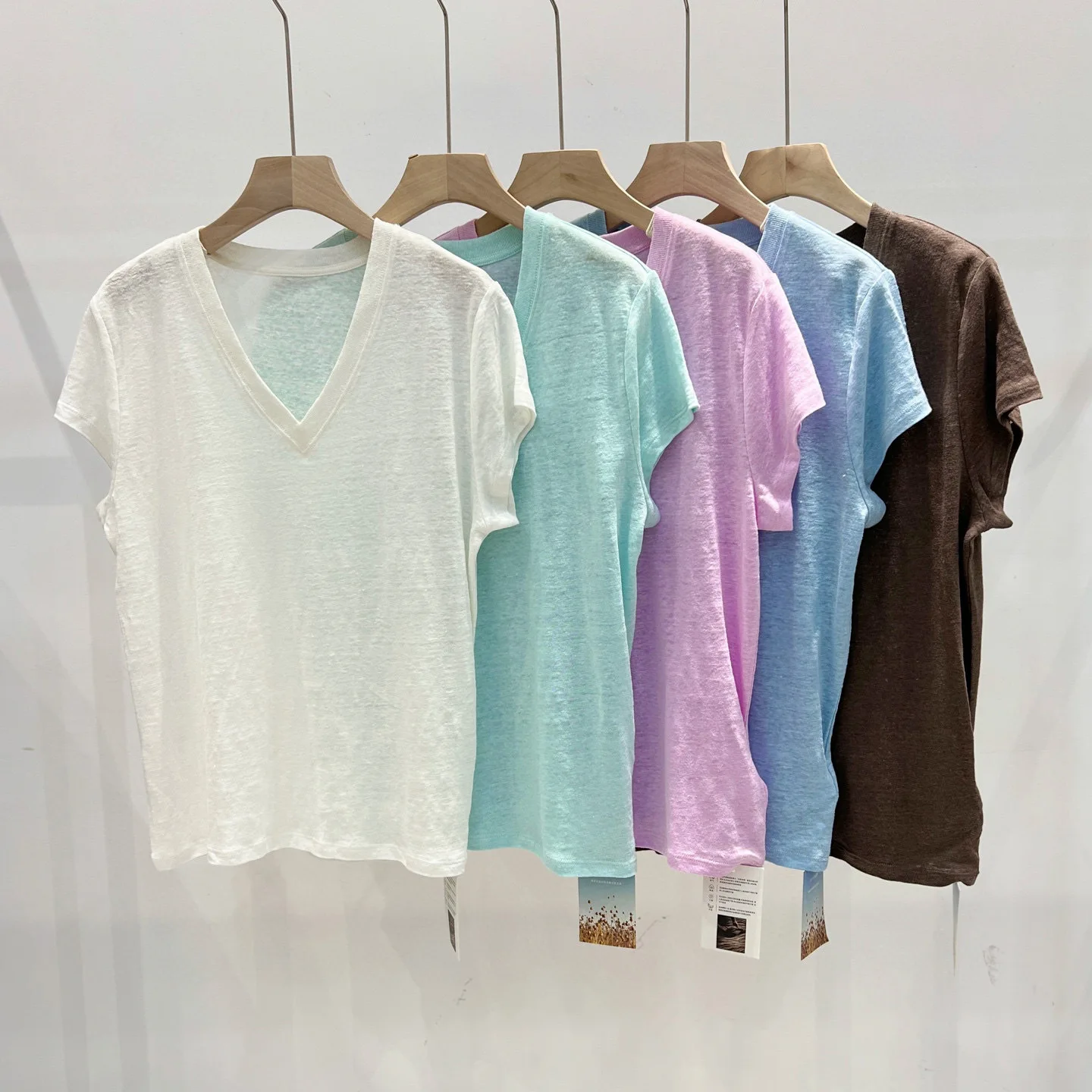 100% Linen Women's Casual T-shirt, V-Neck and Short Sleeve Fine Knit Jersey Tee (45f)