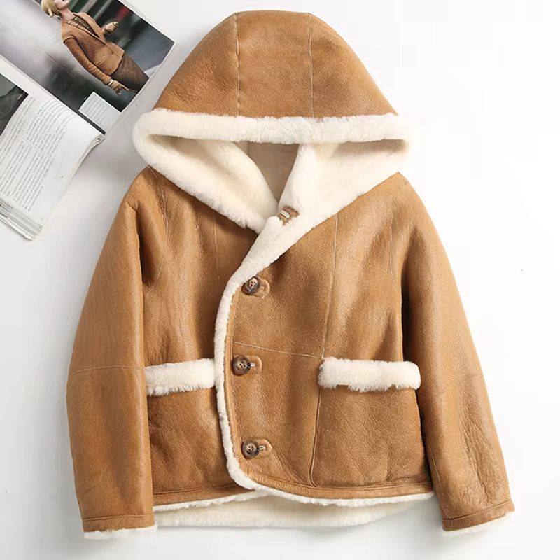 100% Sheepskin Shearling Fur Women's Coat, Hooded Jacket, Outerwear (158)