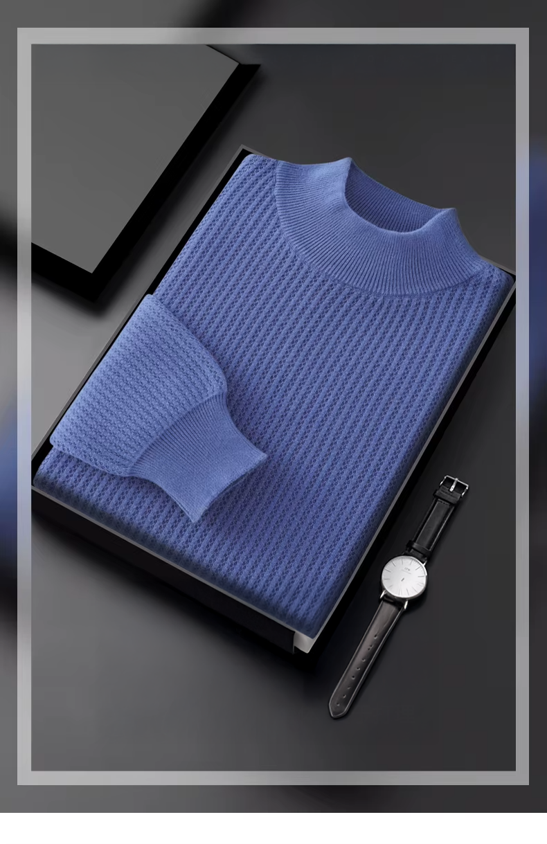 100% Cotton Men's Honeycomb Knit Sweater, Half High Collar Pullover, Casual Long Sleeved Top, Knitwear (221)