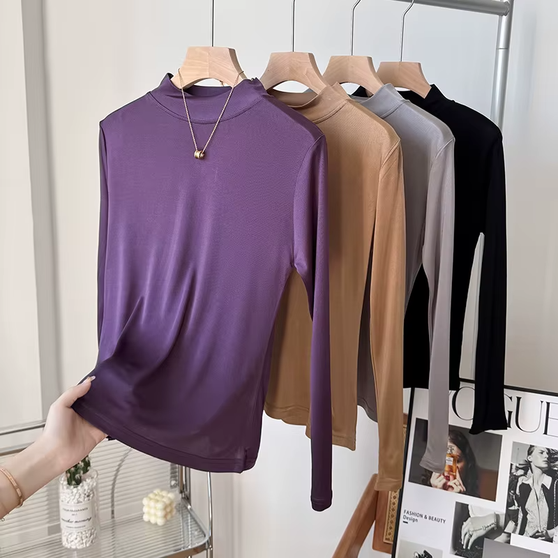 100% Mulberry Silk 120gsm Knit Jersey Women's Turtleneck Top, Long Sleeved, High Collar Jumper for Ladies (190a)