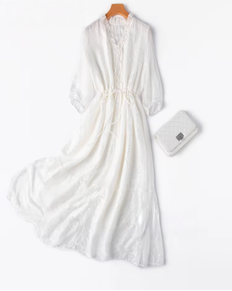 100% Mulberry Silk White Embroidery Women's Dress (242)