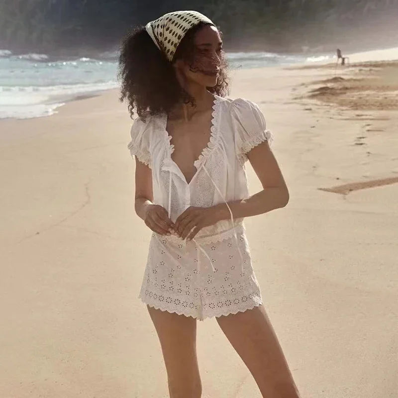 100% Cotton White Lace Embroidery Short Shirt with Ruffles, Lace-Up Short Sleeved Blouse, Summer Top (45a)