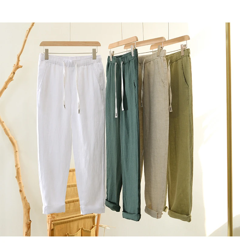100% Linen Casual Men's Boys Pants Thin Loose Trousers (752)