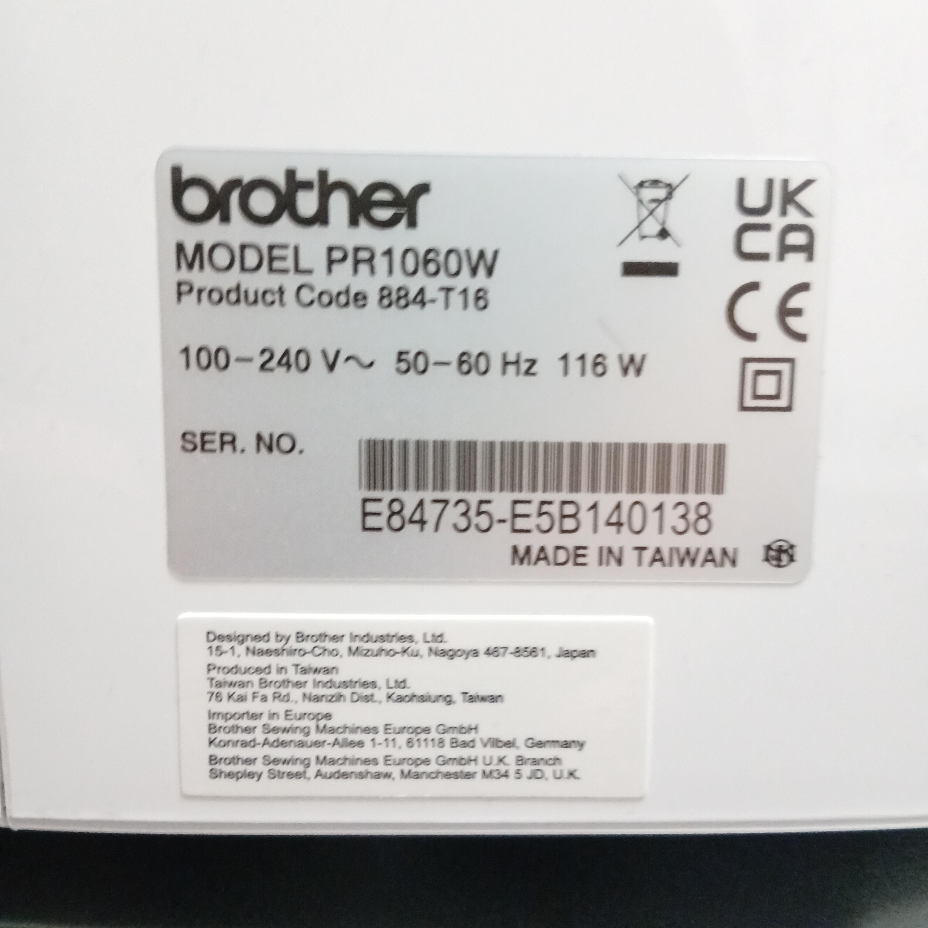Brother pr1060w embroidery machine serial number