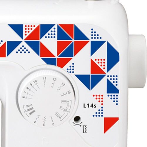 A white joggle dial showing 14 stitch choice including a 4 step buttonhole