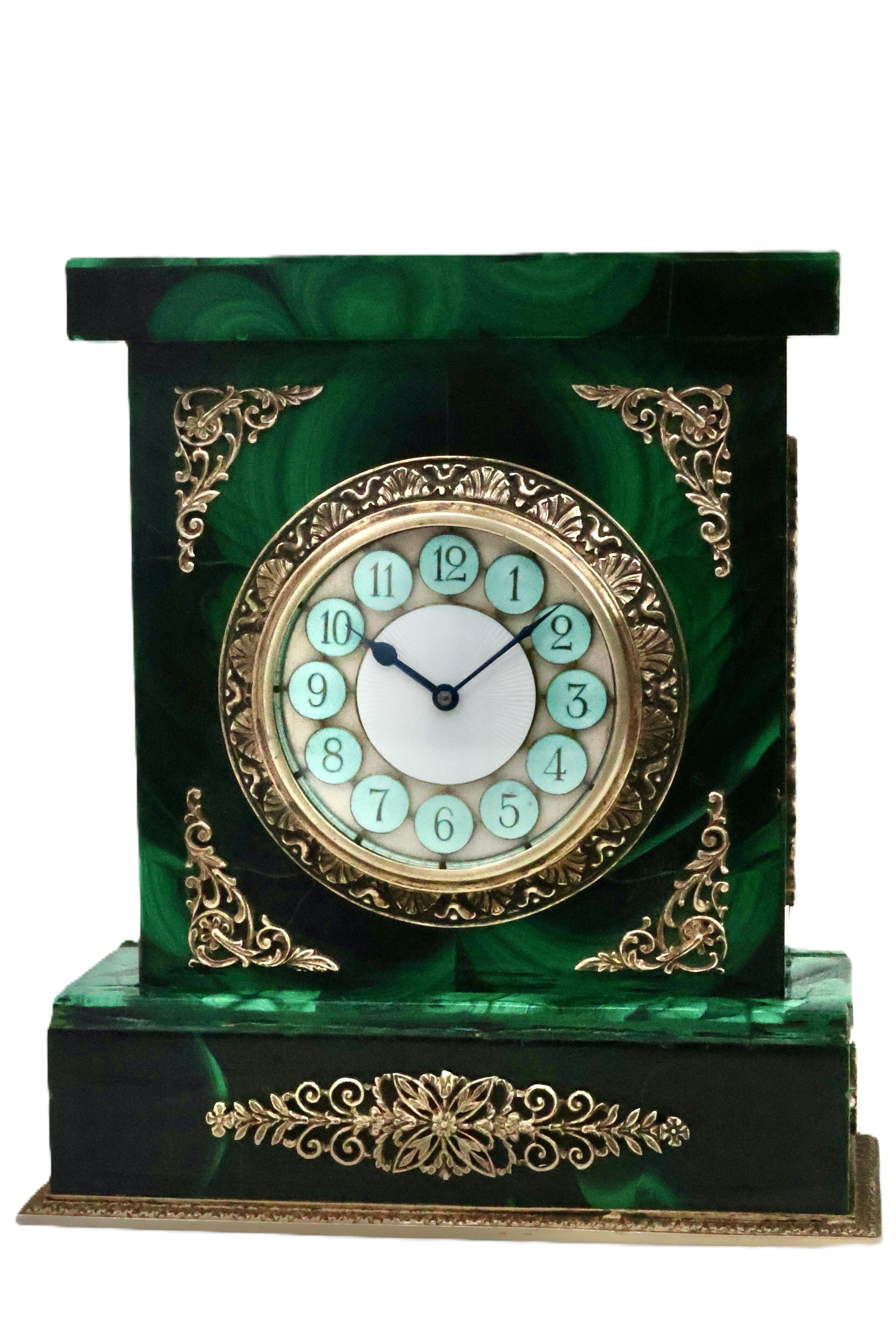 Fine Eight-Day Malachite Clock with C-Scroll Foliate Mounts