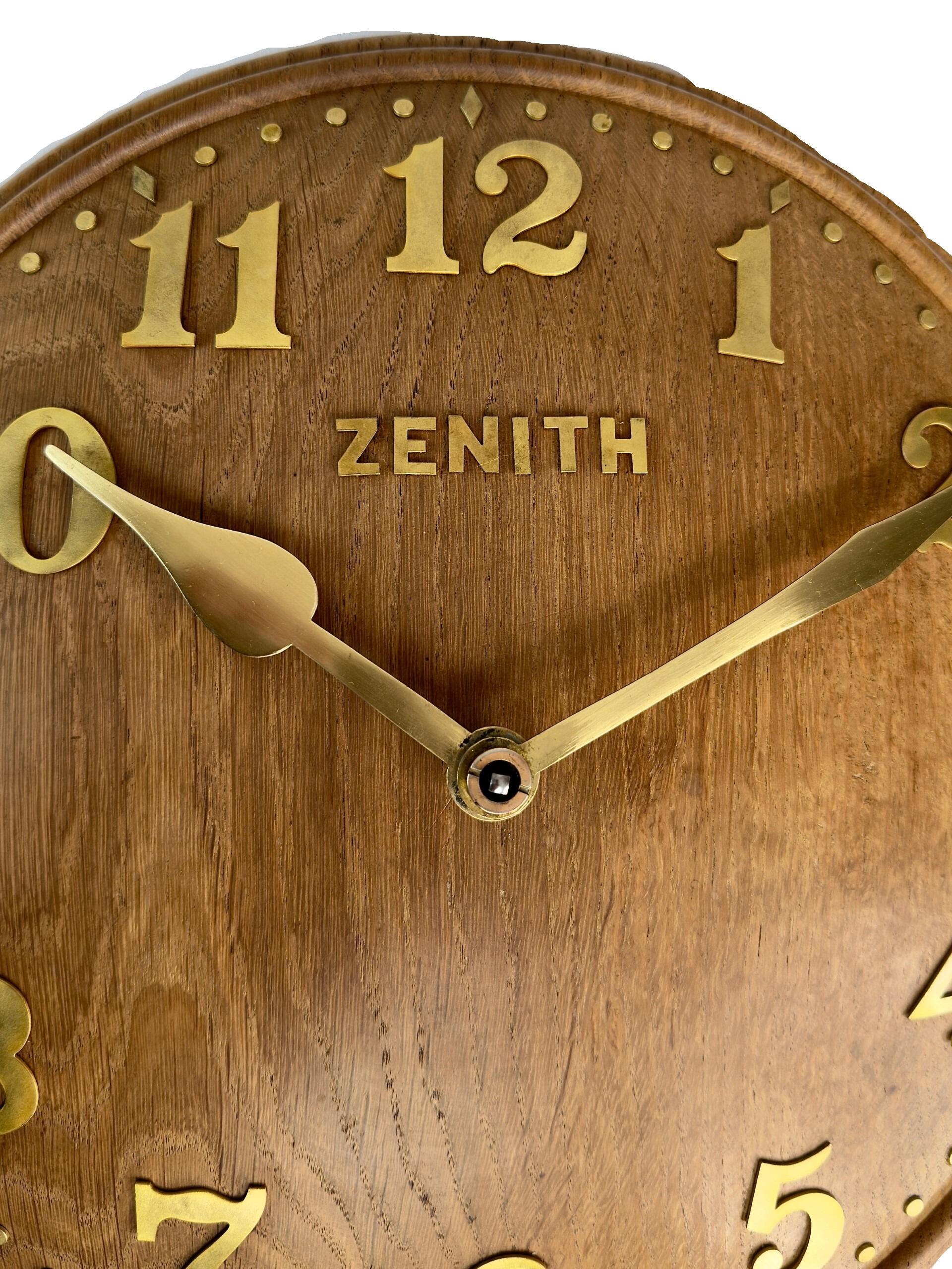 1930s oak shield shaped turned wall clock with Arabic numerals Zenith detail of numbers