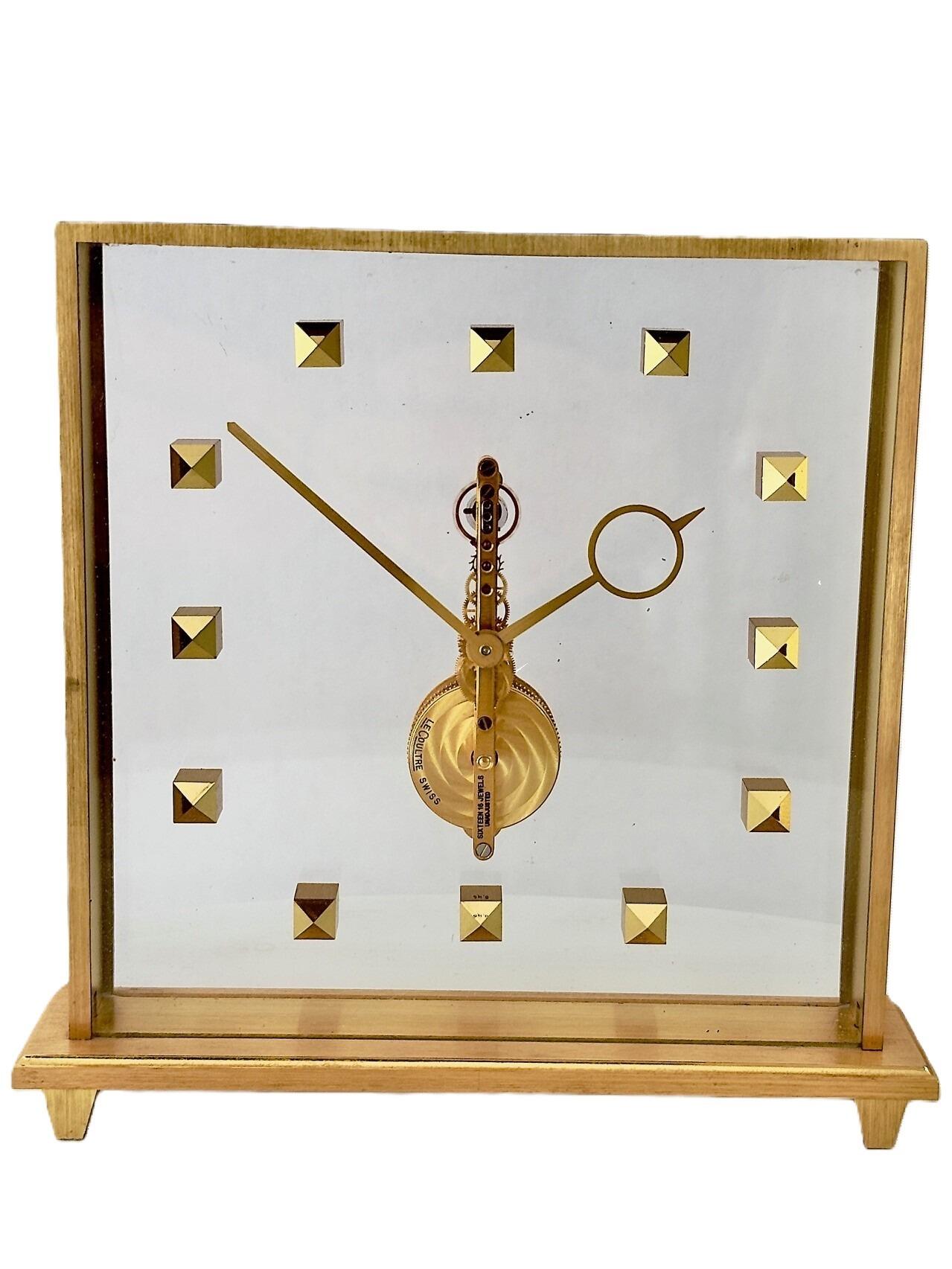 Mid Century Jaeger LeCoultre mantle clock skeleton mechanism 1960s front view