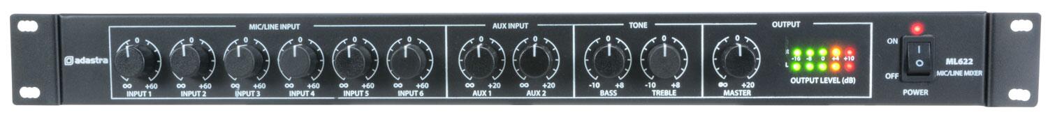 Adastra ML622 6 Mic + 2 Aux Rack Mixer 1U front