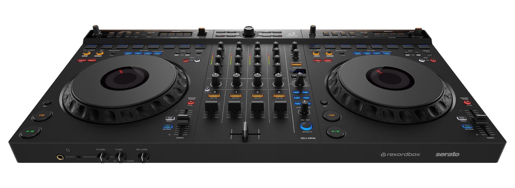 AlphaTheta DDJ-GRV6 4-channel performance DJ controller front angle