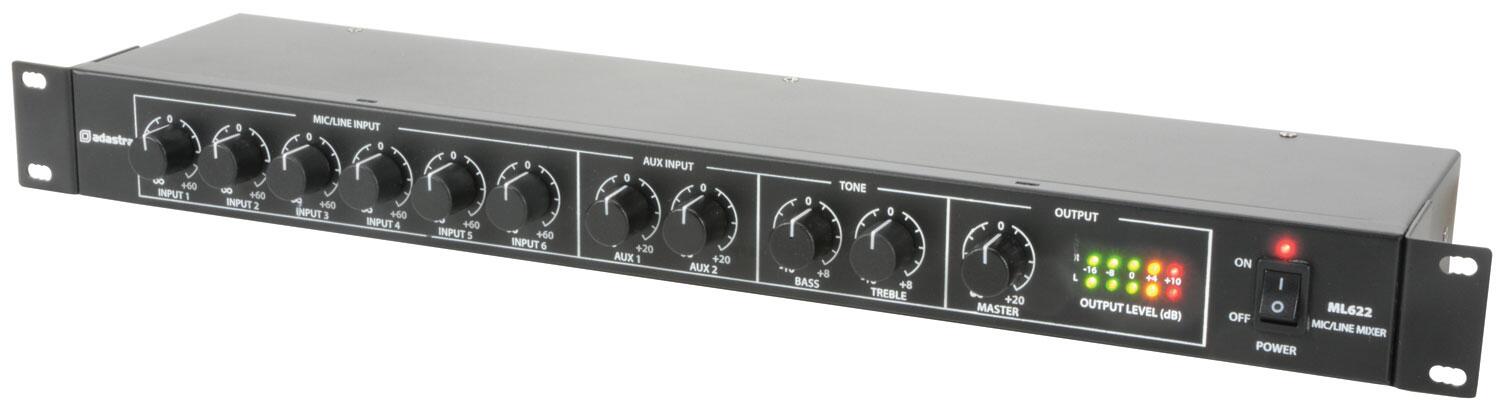 Adastra ML622 6 Mic + 2 Aux Rack Mixer 1U angle