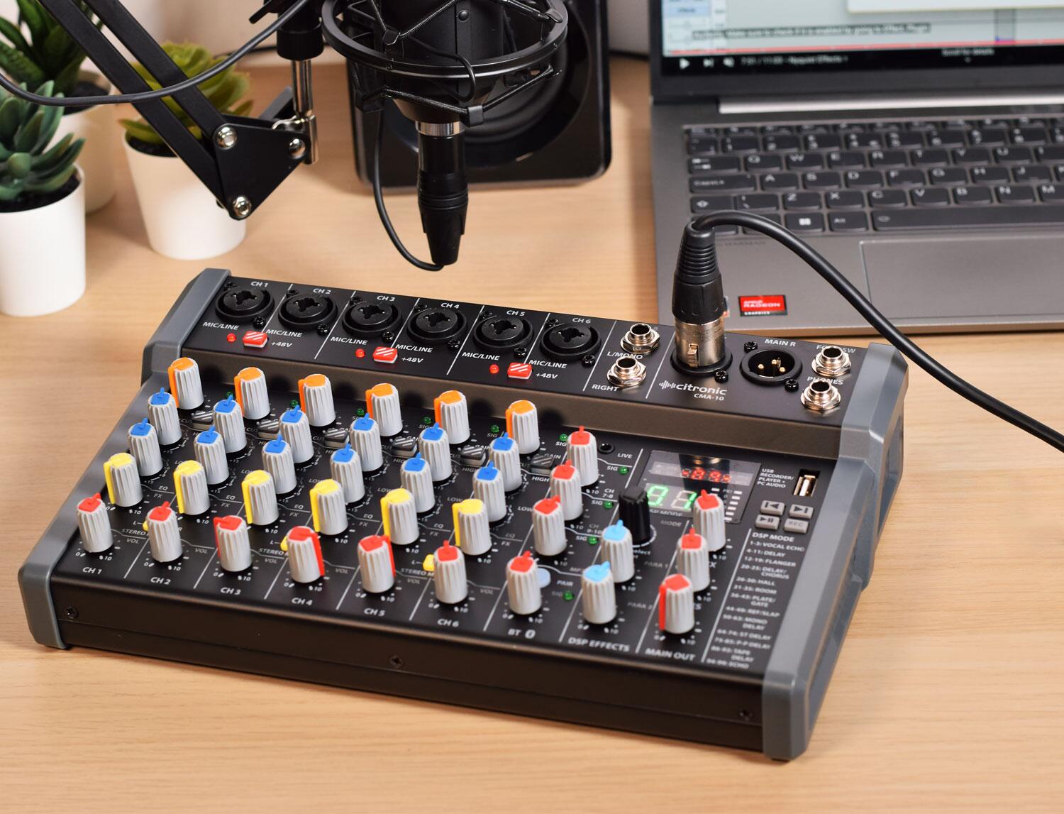 Citronic CMA-10 Compact Mixer with DSP FX and BT/USB on desk