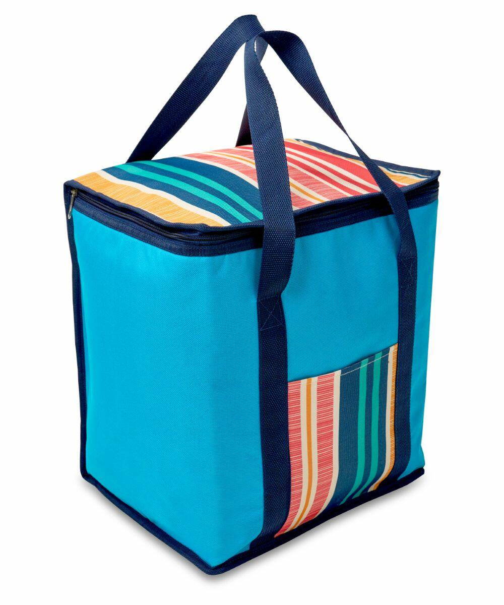 A blue insulated cooler bag with a multicolored stripe design on the top and front pocket. Two navy blue handles are attached for carrying. The HL204 by Home & Living.